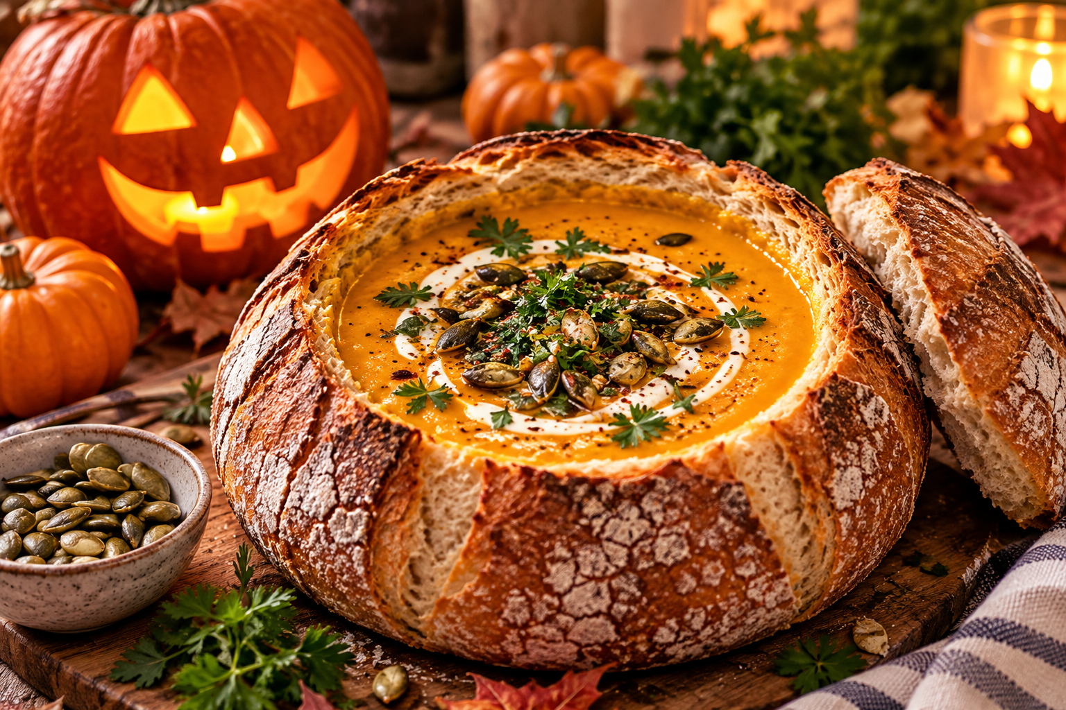 Creamy Pumpkin Coconut Soup in Sourdough